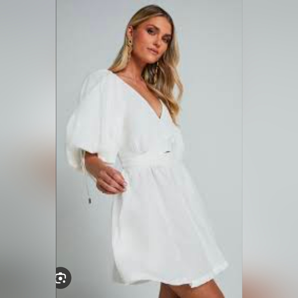 Amalie The Label White Cotton Linen Puff Sleeve Mini Dress Us 6